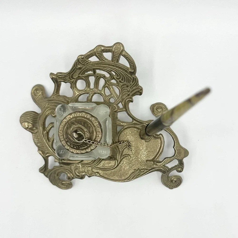 Vintage Heavy Brass Inkwell Pen Holder Art Nouveau Celluloid Fountain Pen Ink